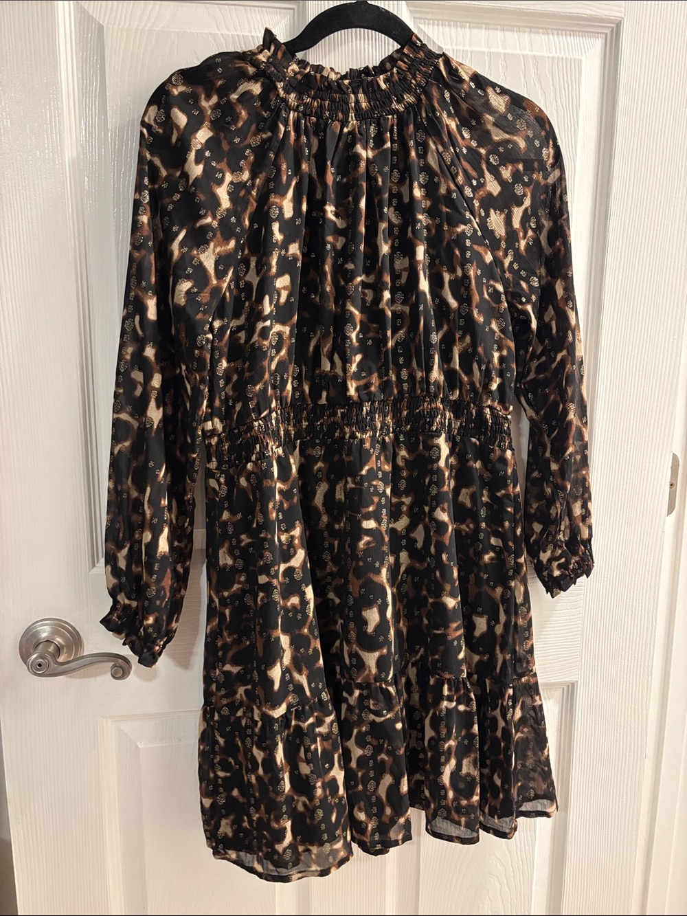 Time and Tru Black and Brown Leopard Print Long Sleeve Dress